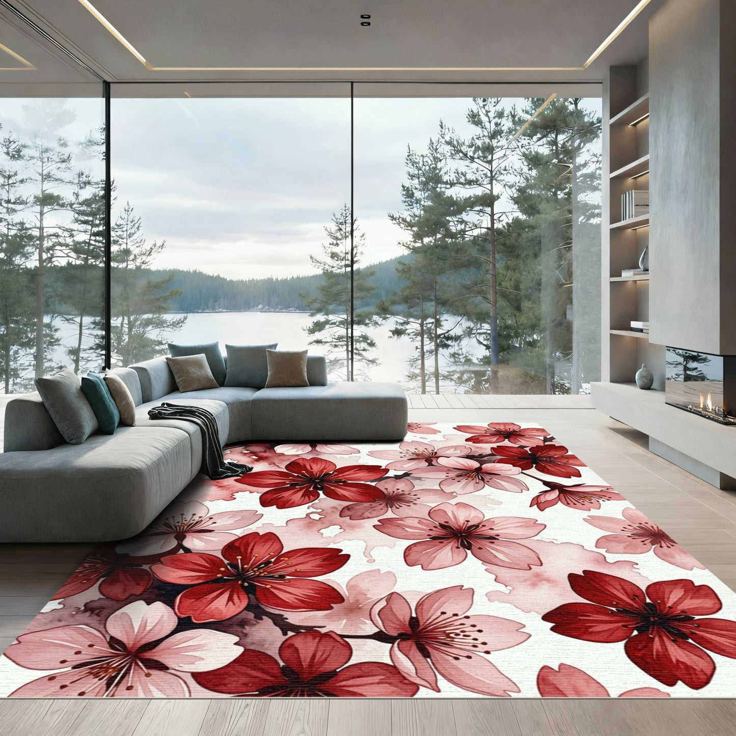 Red Pink Cherry Blossom Watercolor Rug