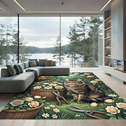 Whimsical Tabby Cat Cream Rose Garden Rug