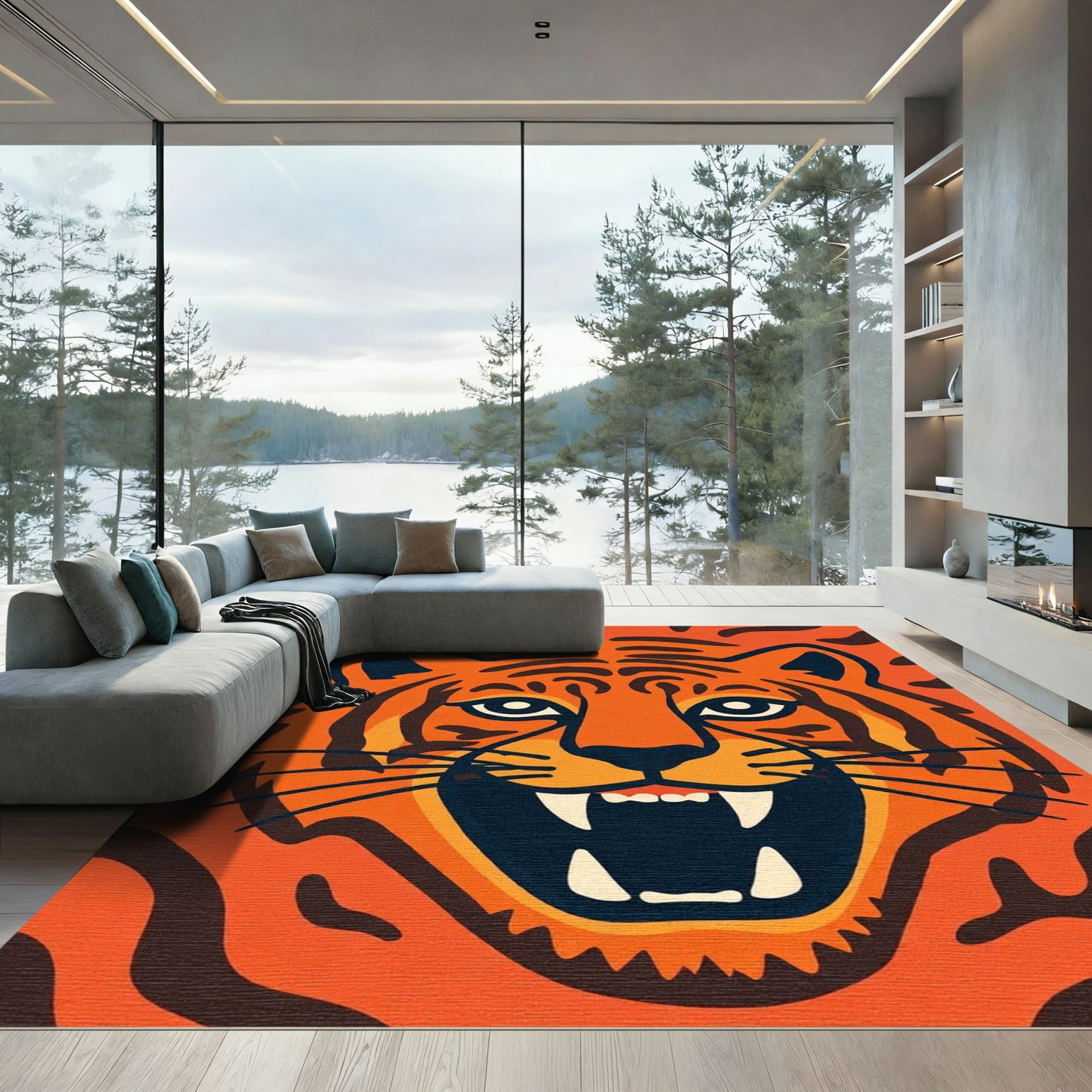 Bold Orange Tiger Face Graphic Rug