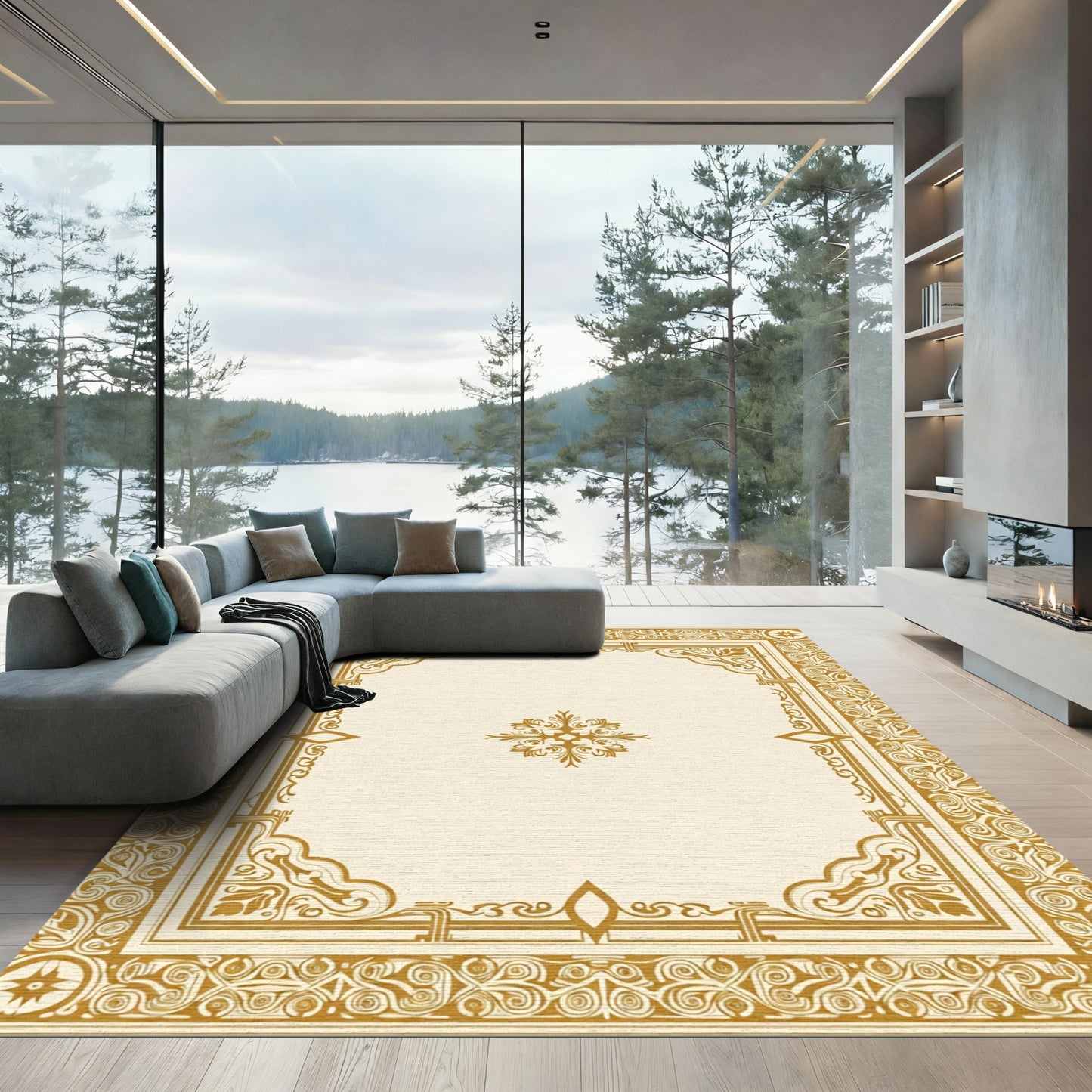 Ornate Golden Floral Medallion Frame Rug