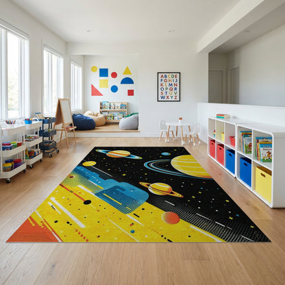 Vibrant Yellow Ringed Planets Stars Rug