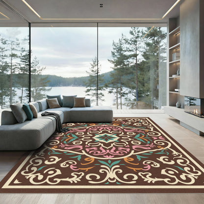 Brown Floral Medallion Ivory Pink Rug