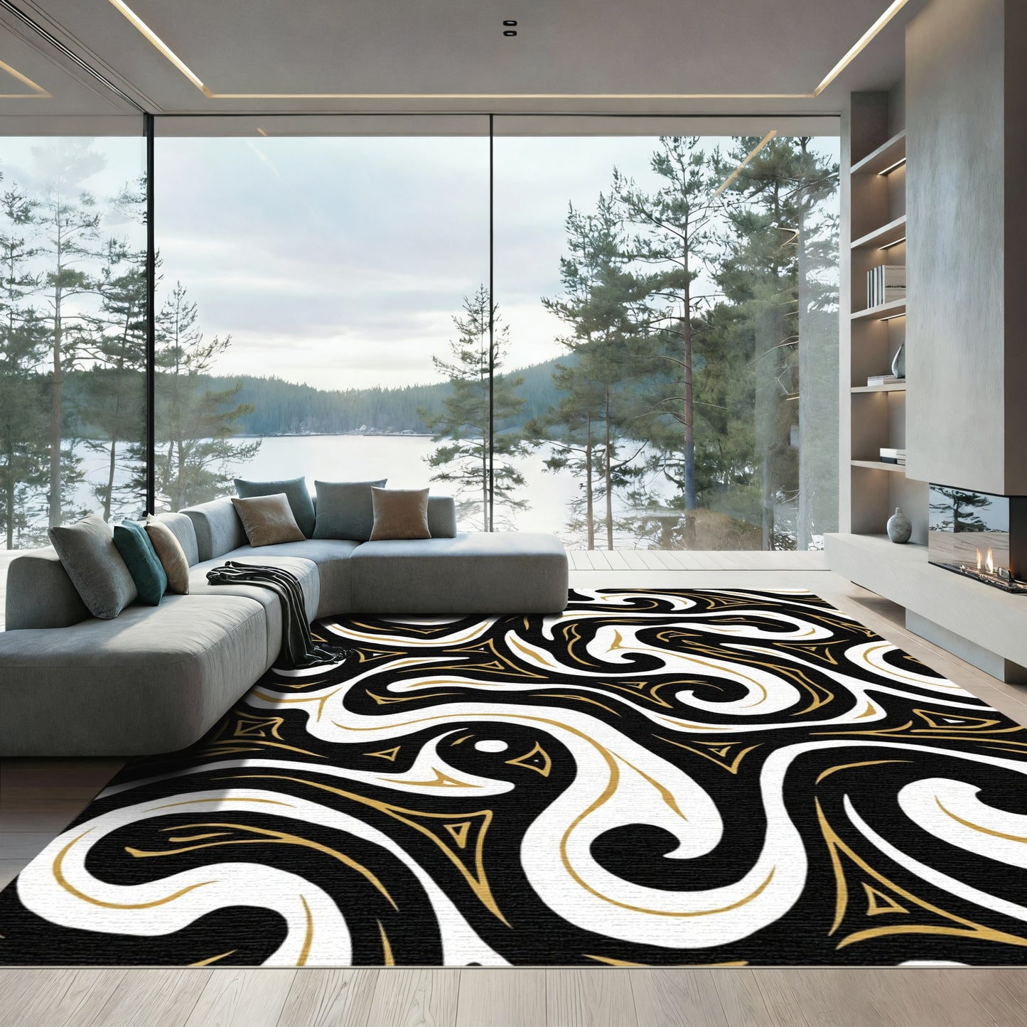 Black Gold Swirling Geometric Abstract Rug