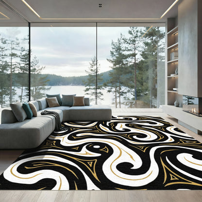 Black Gold Swirling Geometric Abstract Rug