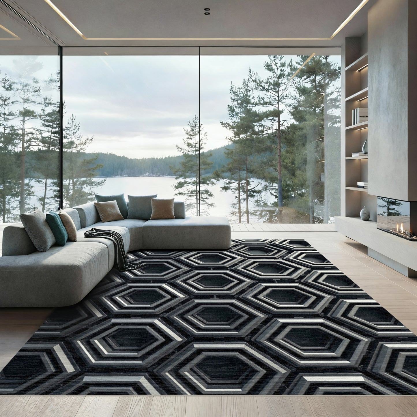 Modern Gray Hexagonal Layered Texture Rug