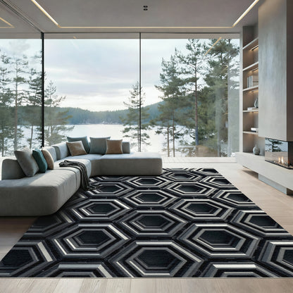 Modern Gray Hexagonal Layered Texture Rug
