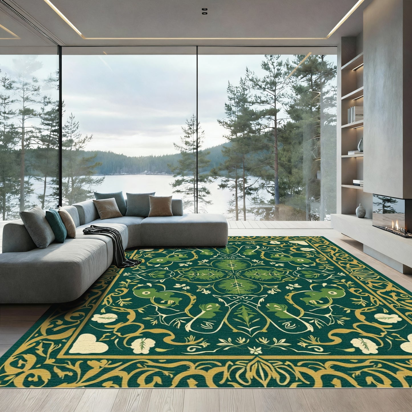 Emerald Green Golden Animal Foliate Rug