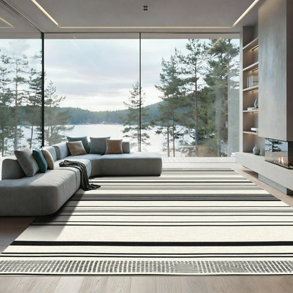 Cream and Black Hand Drawn Stripe Rug