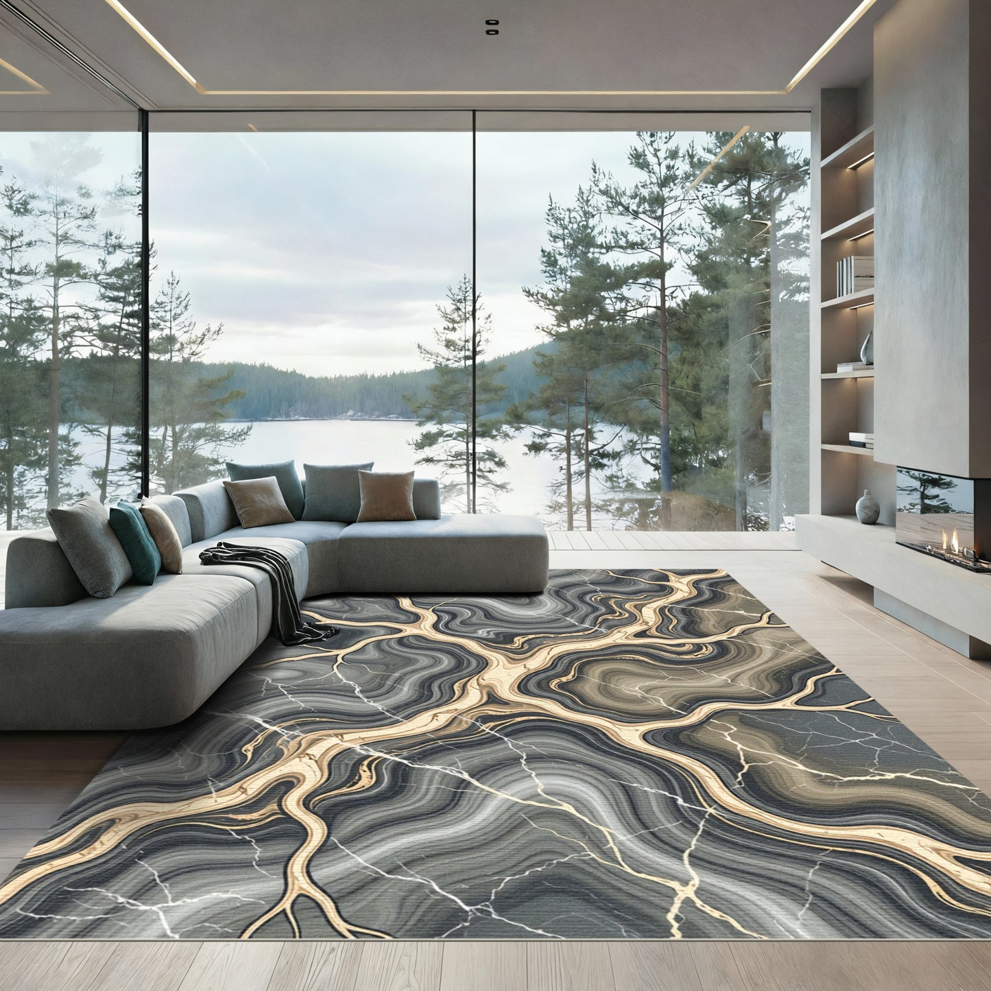 Elegant Gold Vein Marble Swirl Rug