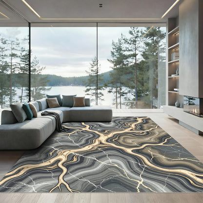 Elegant Gold Vein Marble Swirl Rug