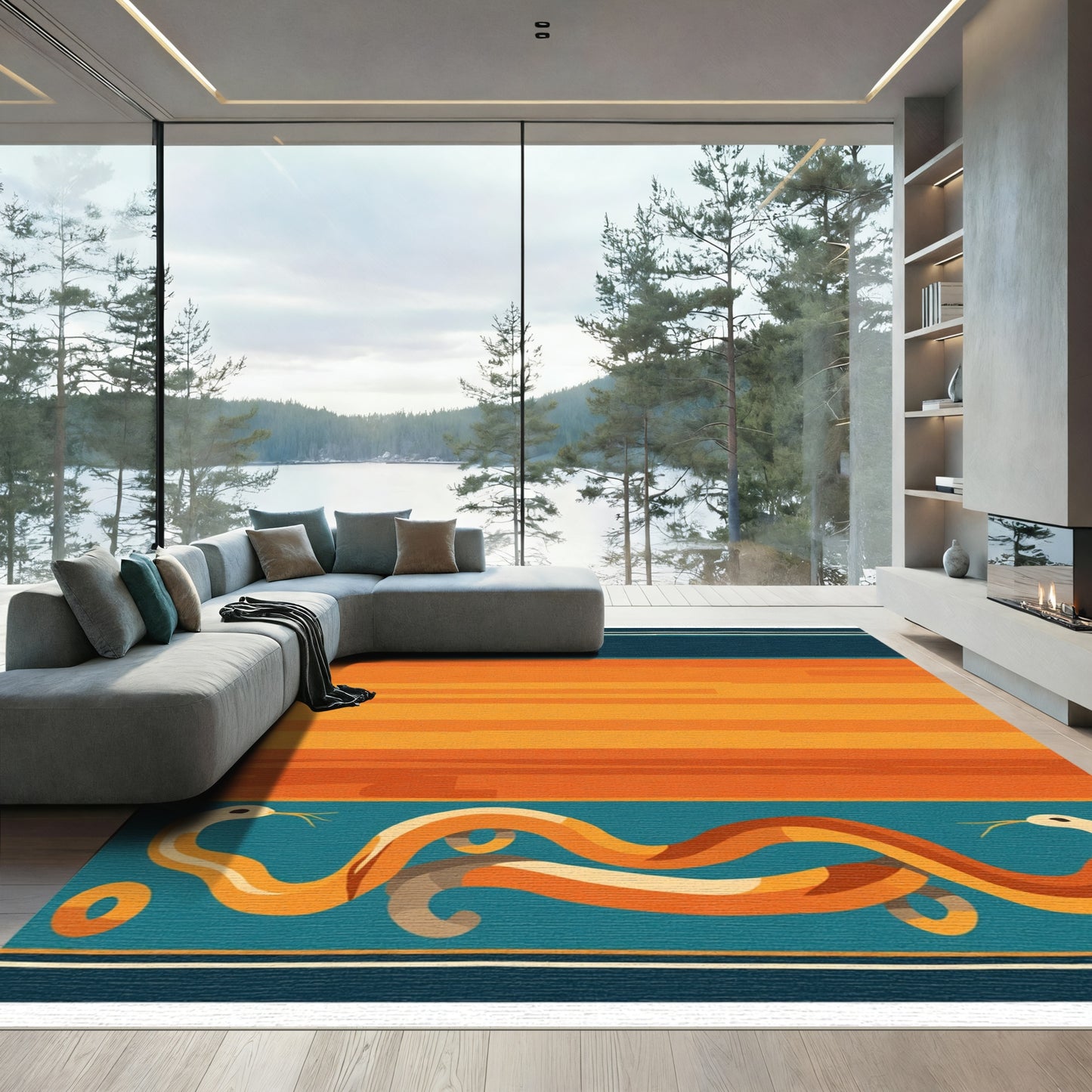Orange Teal Snake Stripe Accent Rug