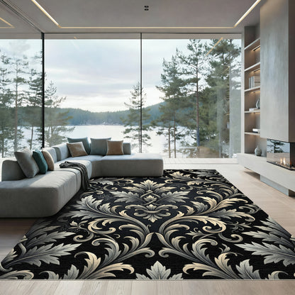 Elegant Black and White Acanthus Scroll Rug