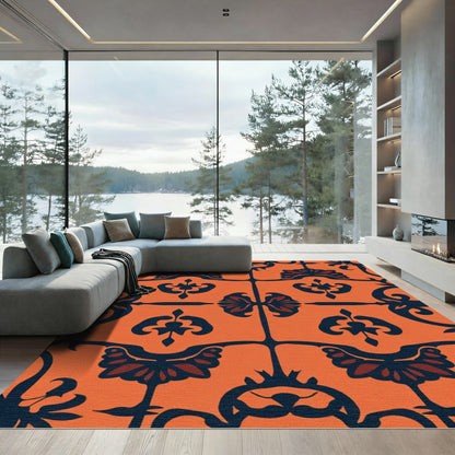 Burnt Orange Indigo Floral Medallions Rug