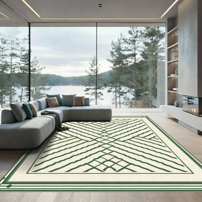 Cream and Green Intersecting Lines Border Rug