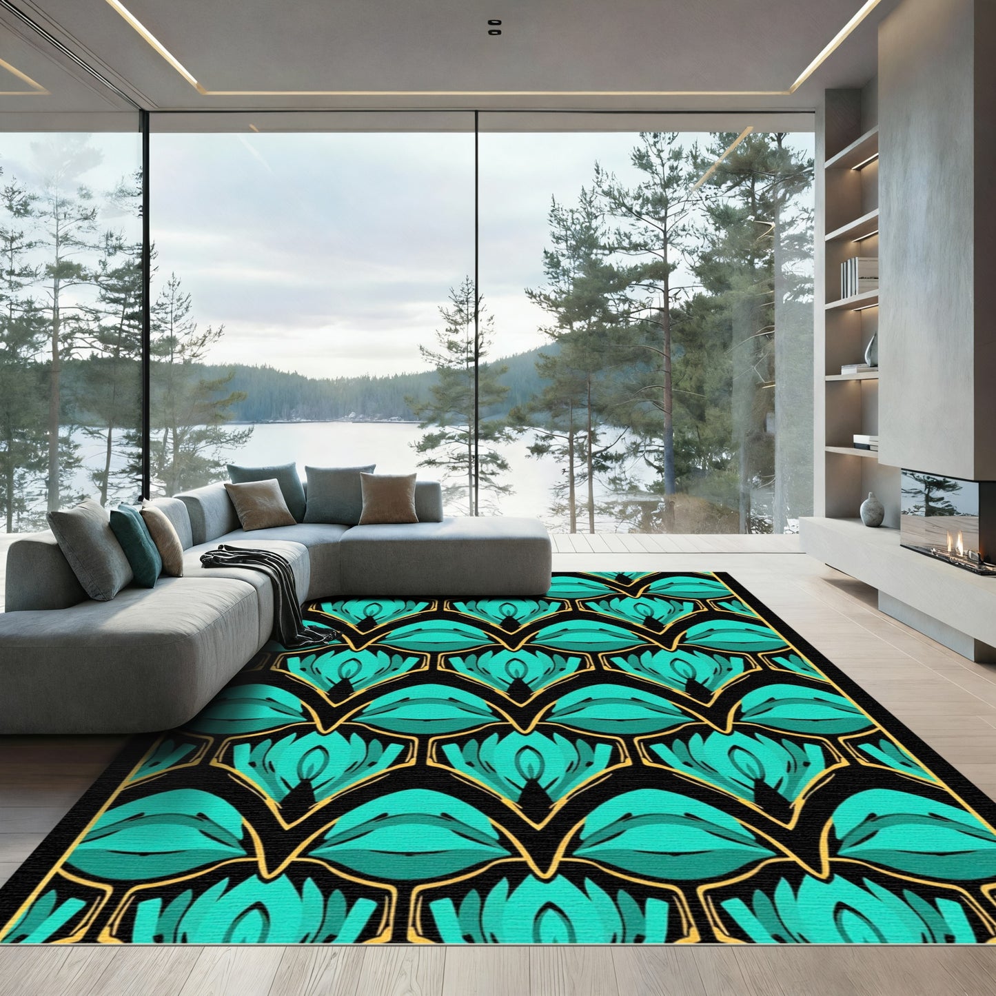 Art Deco Teal Fan Geometric Rug