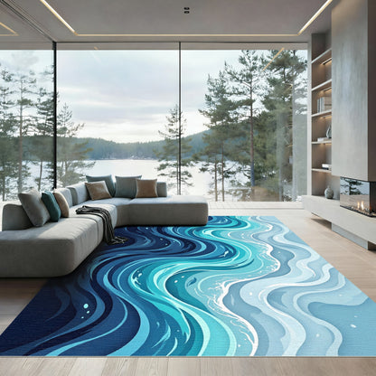 Deep Blue Ocean Swirl Wave Rug