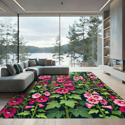 Pink Hollyhock Garden Fence Floral Rug