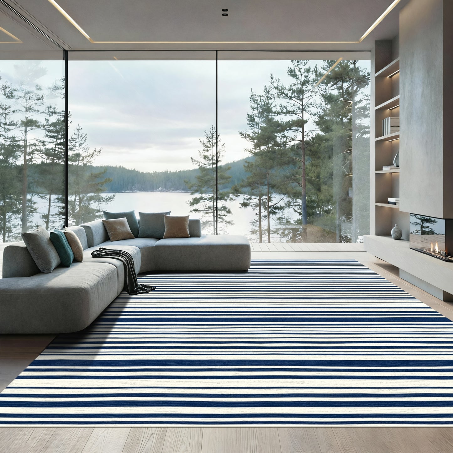Navy Cream Textured Stripes Rug