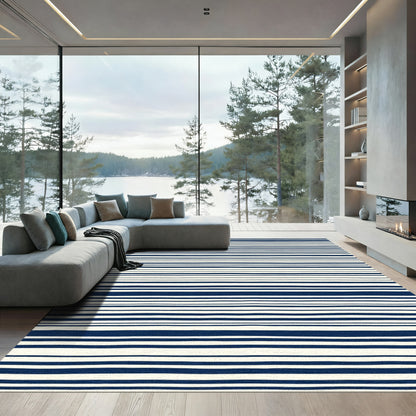 Navy Cream Textured Stripes Rug