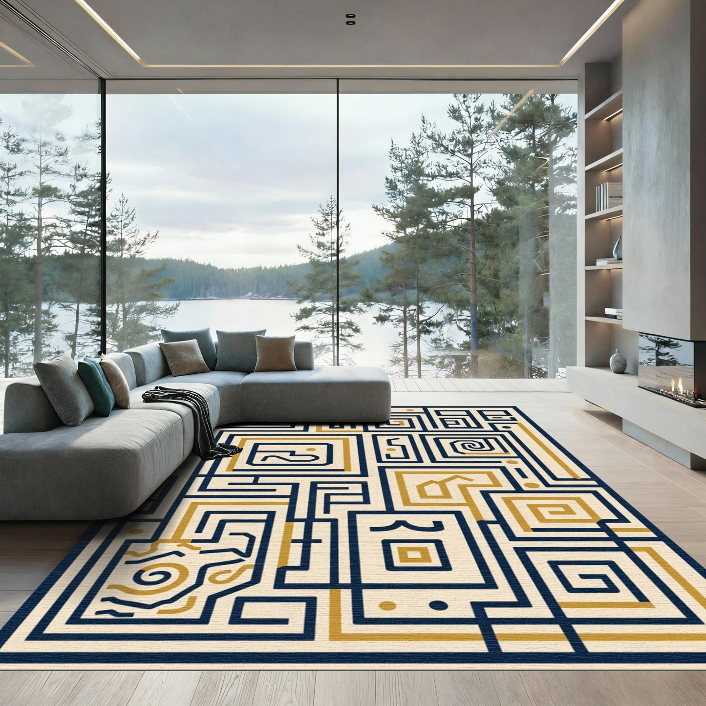 Navy Gold Labyrinth Geometric Harmony Rug