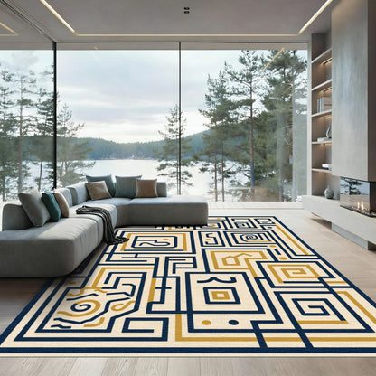 Navy Gold Labyrinth Geometric Harmony Rug
