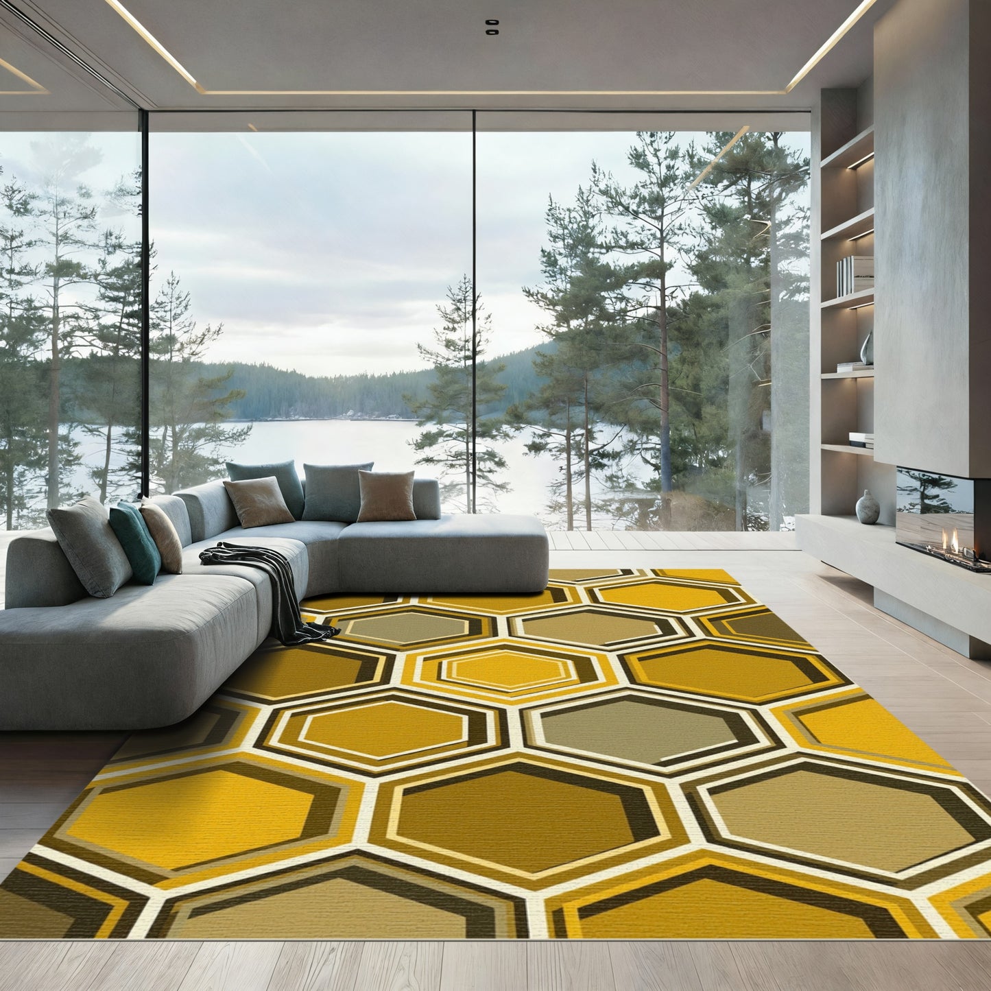 Mid-Century Golden Honeycomb Geometric Rug