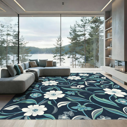 Midnight Blue Floral Vine Garden Rug