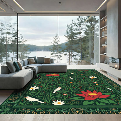 Crimson Lotus Birds Verdant Swirls Rug