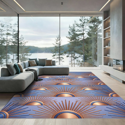 Art Deco Copper and Blue Sunburst Rug