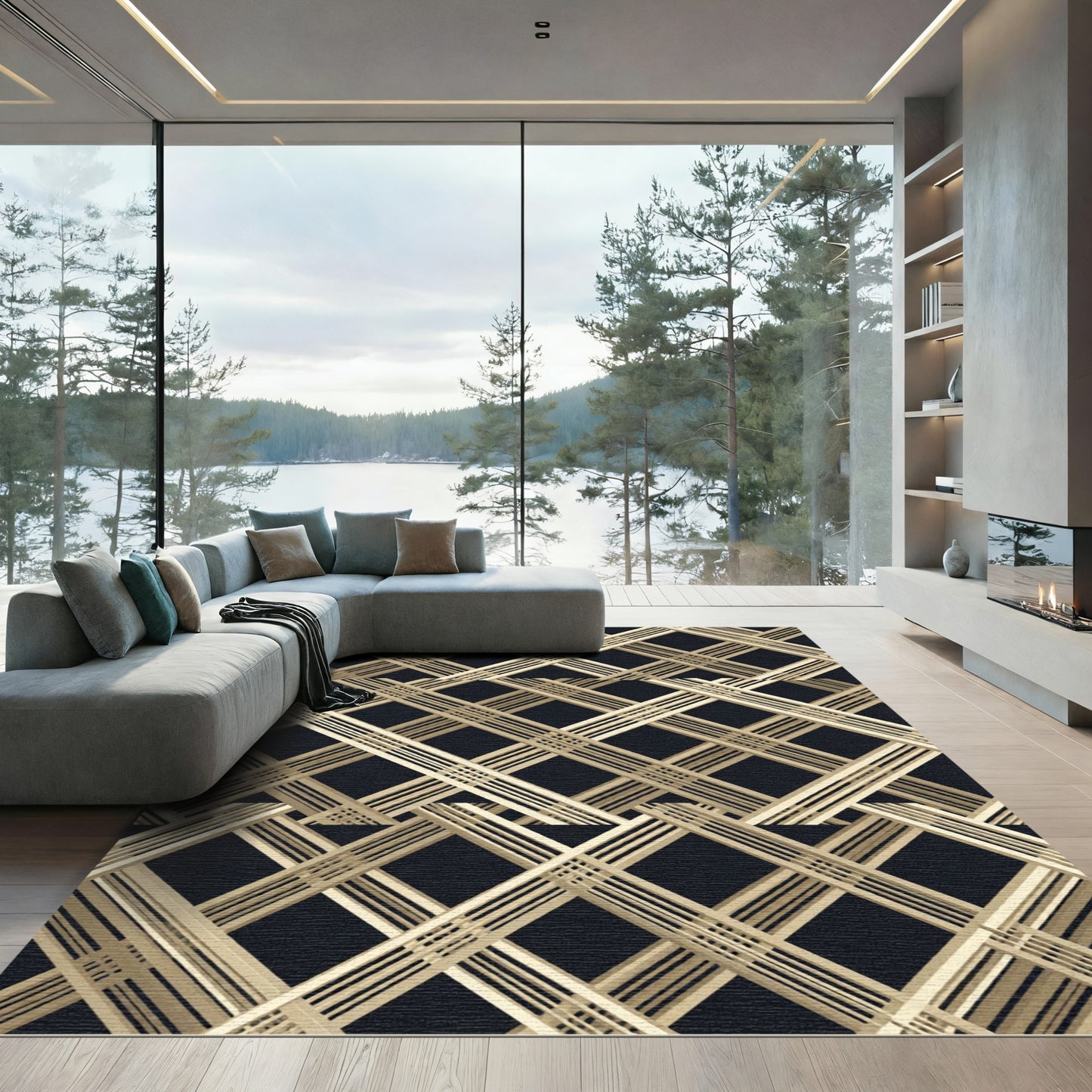Sophisticated Golden Lattice Geometric Art Deco Grid Rug