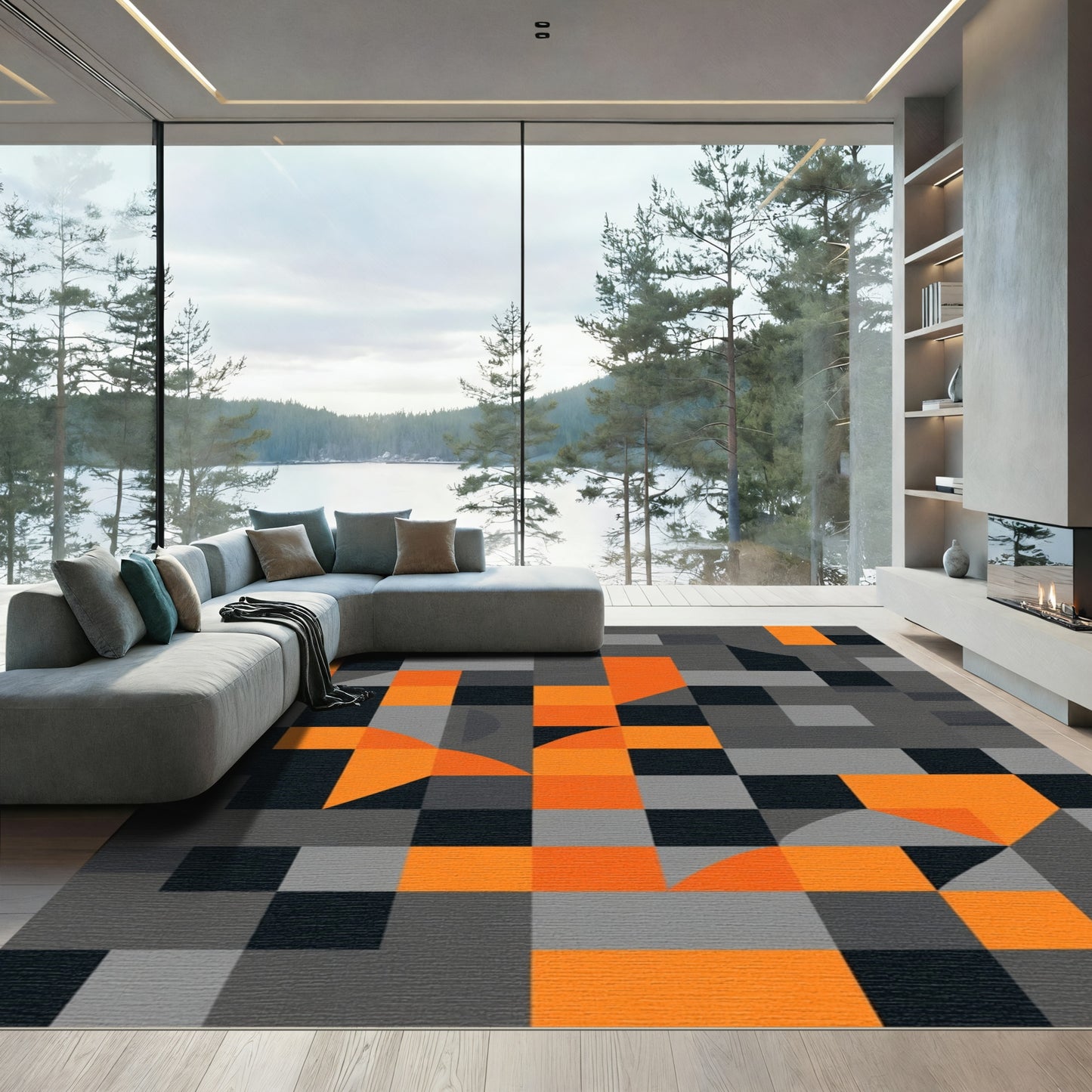 Dynamic Orange Black Geometric Blocks Rug