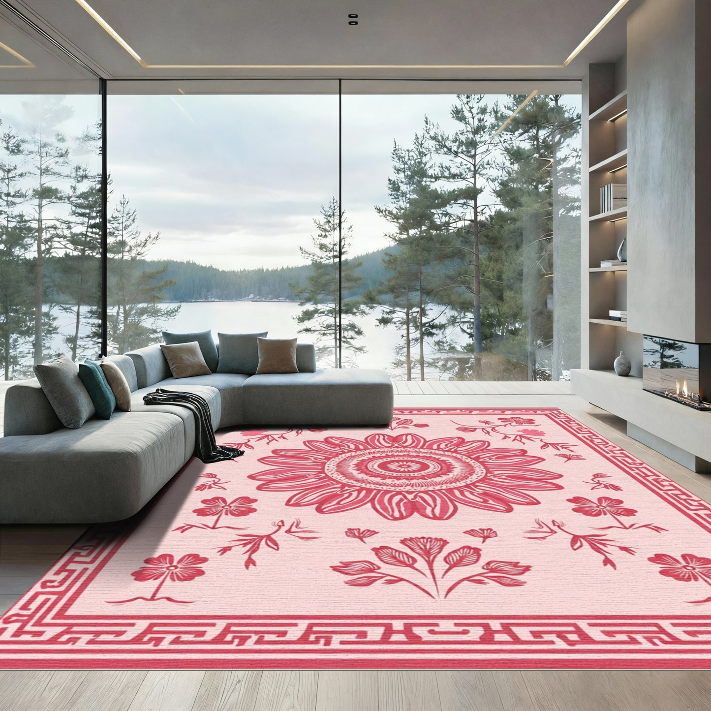 Crimson Floral Medallion Garden Border Rug
