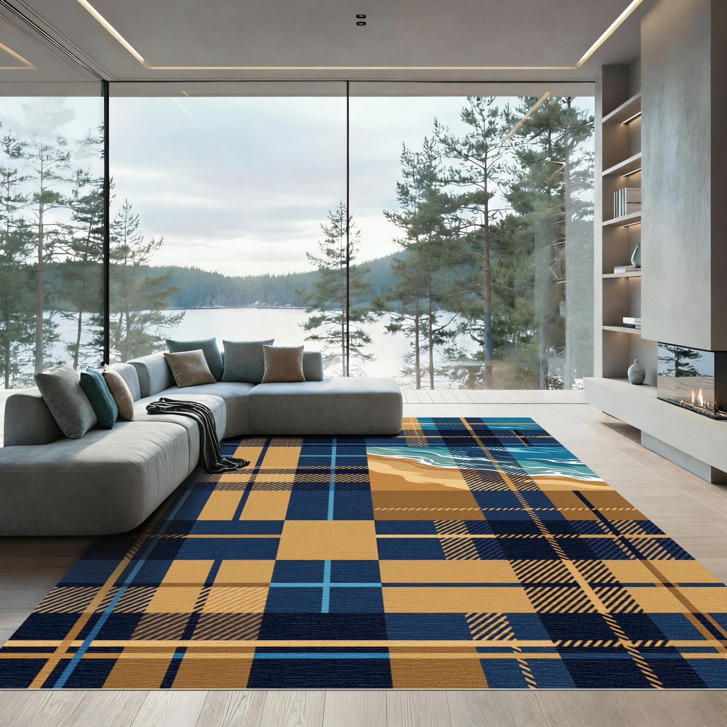 Blue and Golden Beach Plaid Rug