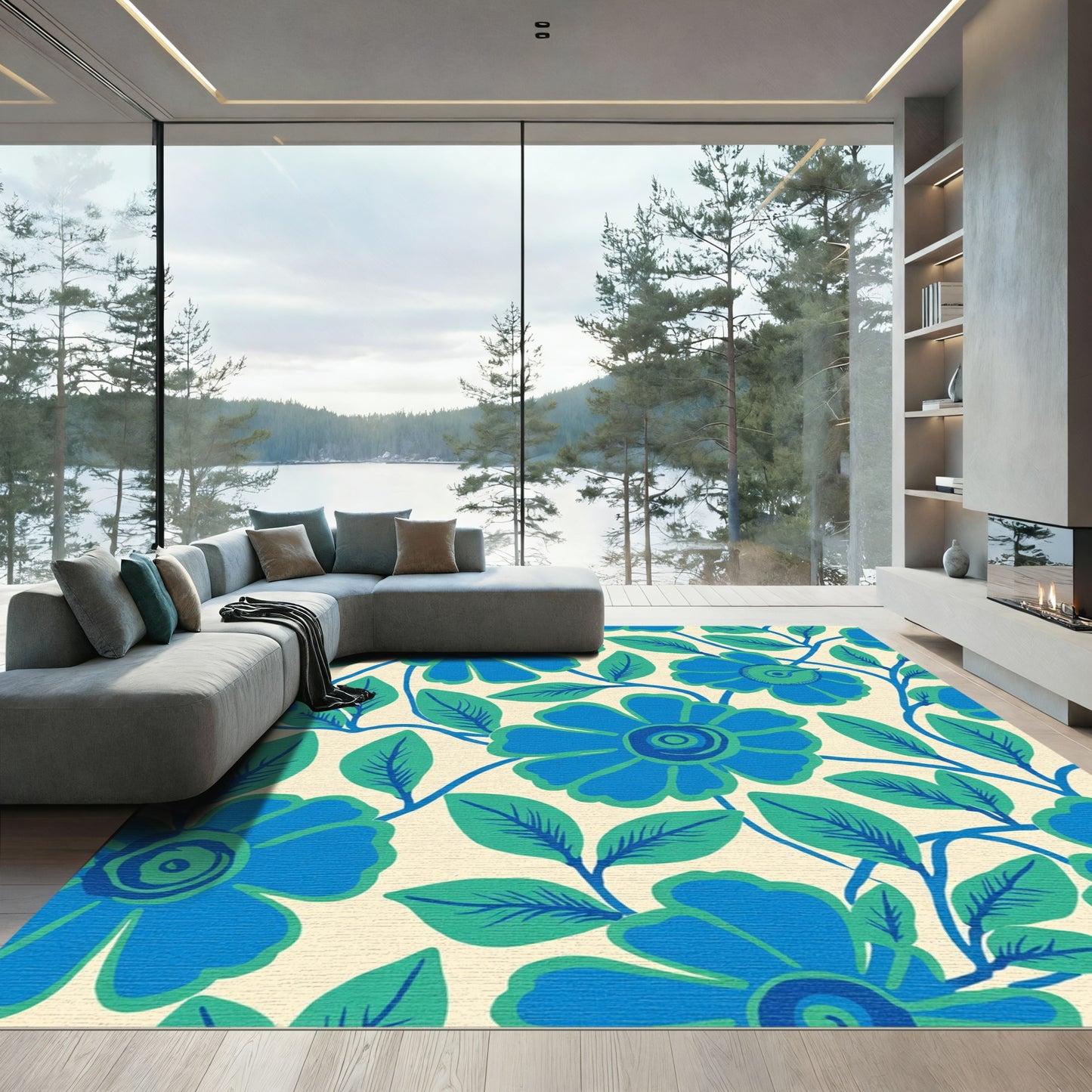 Bold Blue Floral Vine Composition Rug