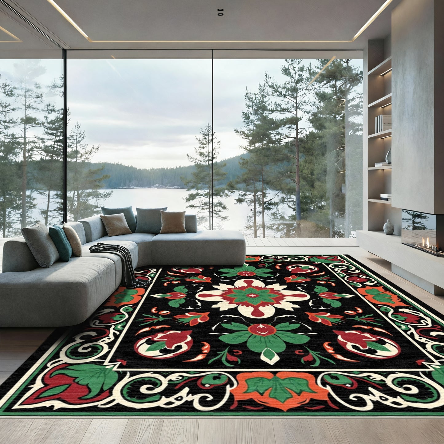 Bold Floral And Leaf Border Rug