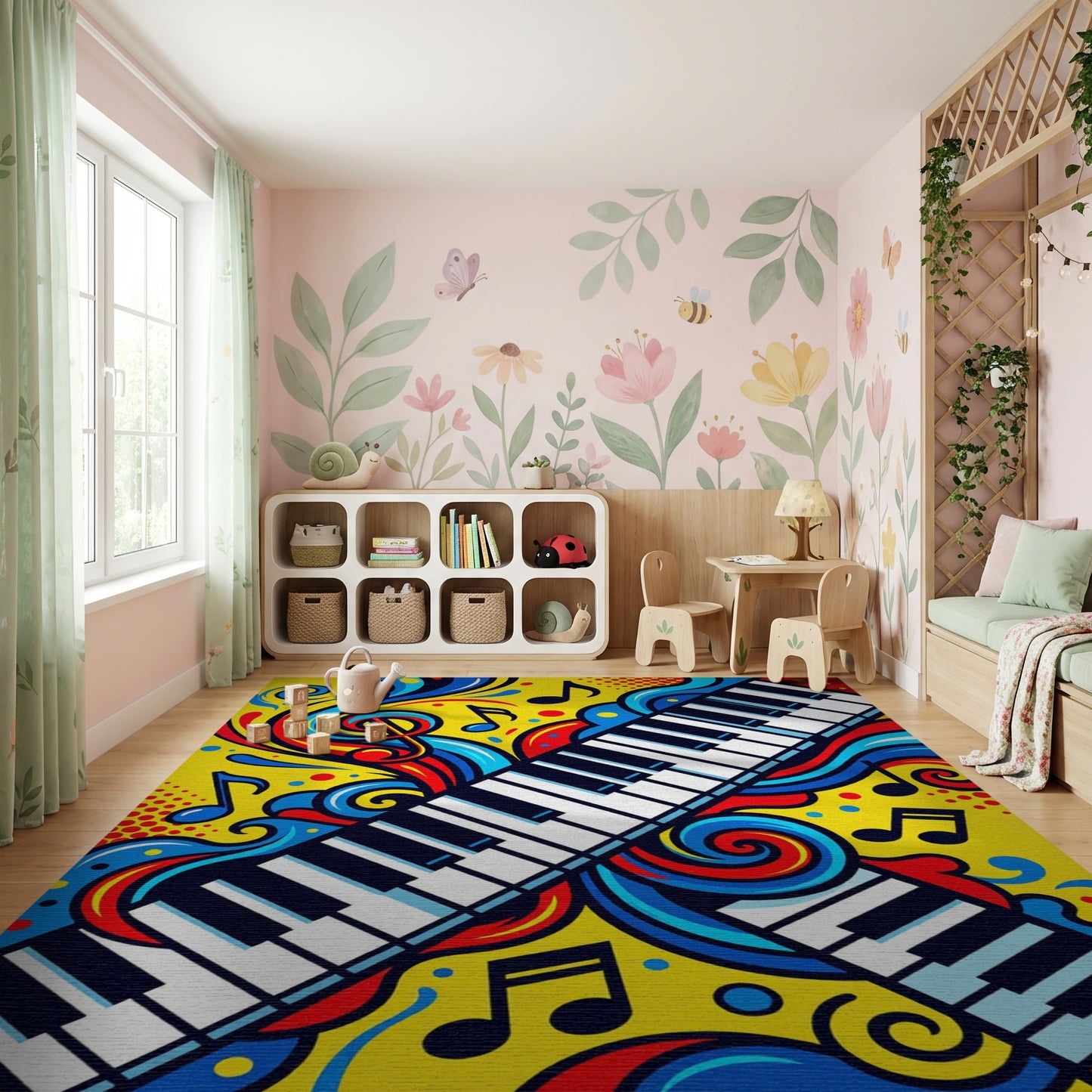 Vibrant Musical Piano Swirls Notes Rug
