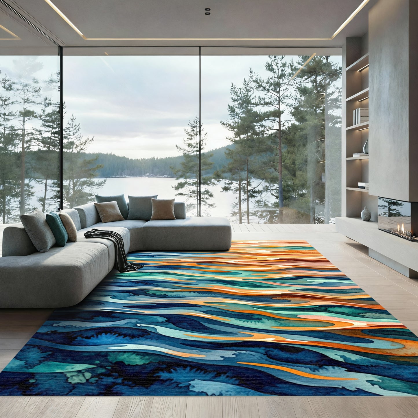 Abstract Sunset Wave Rippled Ocean Rug