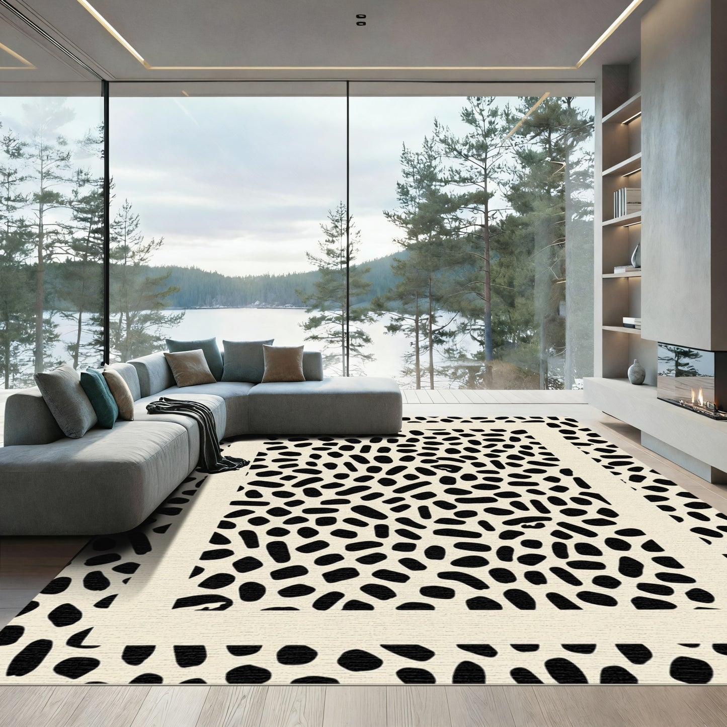 Black Dotted Ivory Border Abstract Rug