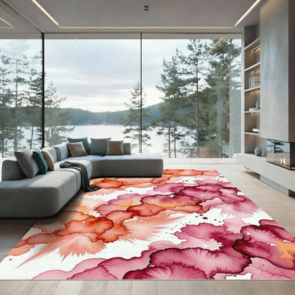 Vibrant Coral and Magenta Watercolor Abstract Rug