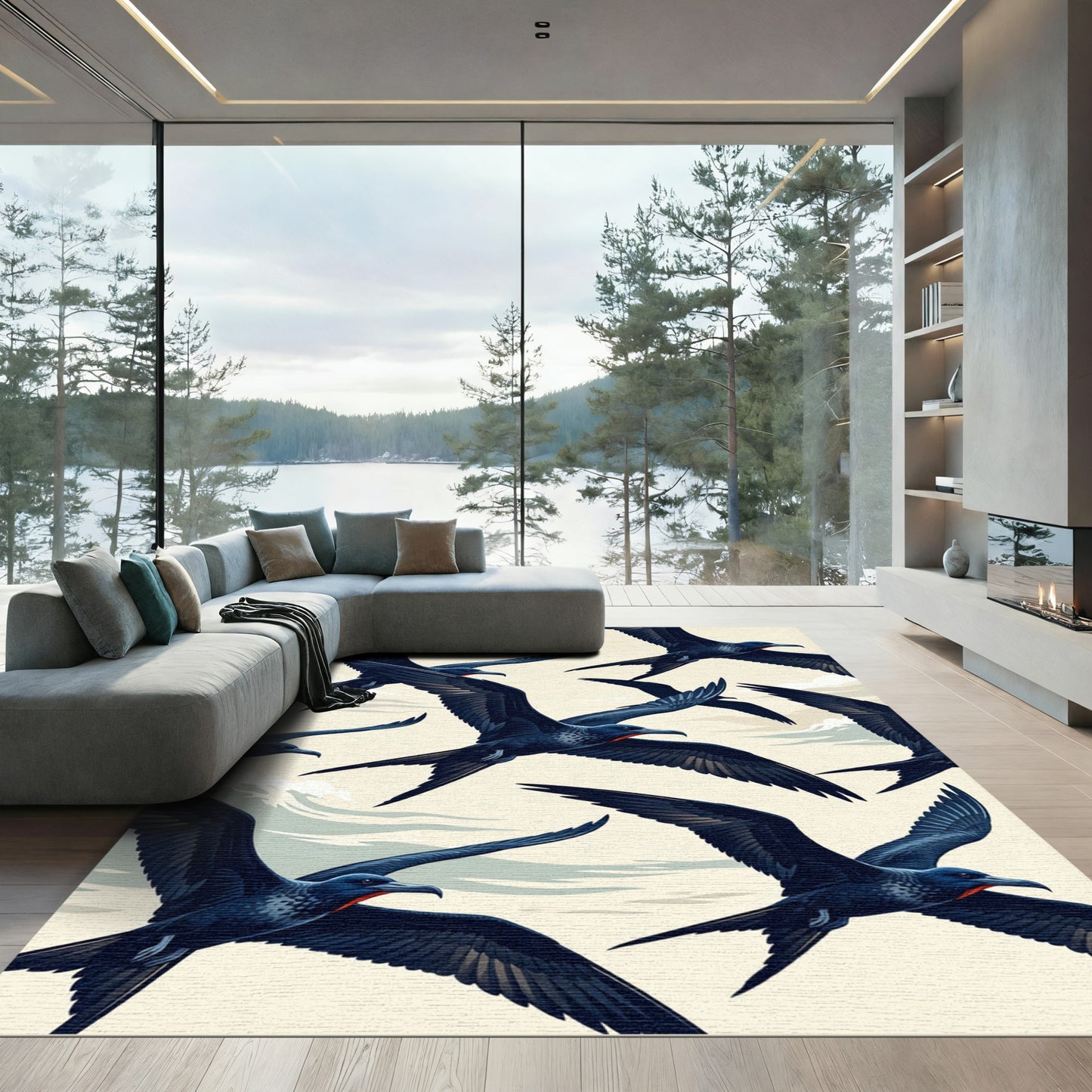 Soaring Dark Navy Frigate Bird Composition Rug