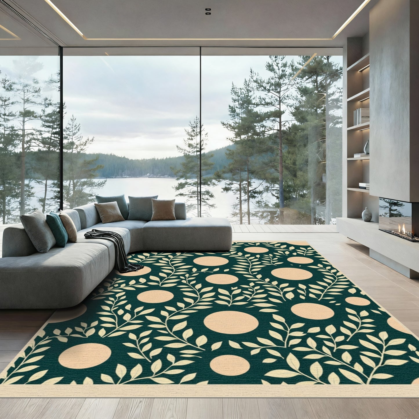 Dark Teal Cream Leaf Circle Rug