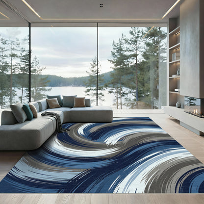 Navy Blue Gray Swirl Brushstroke Rug