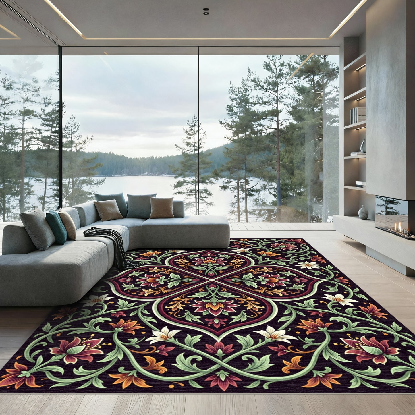 Intricate Crimson Floral Trellis Scroll Rug