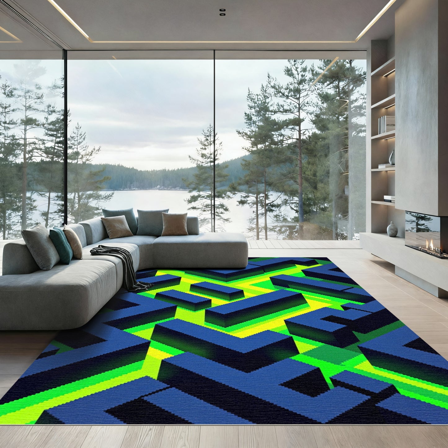 Neon Labyrinth Isometric Geometric Blue Rug