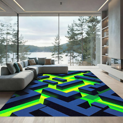 Neon Labyrinth Isometric Geometric Blue Rug