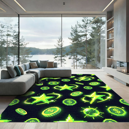 Neon Pixel Star and Coin Grid Rug