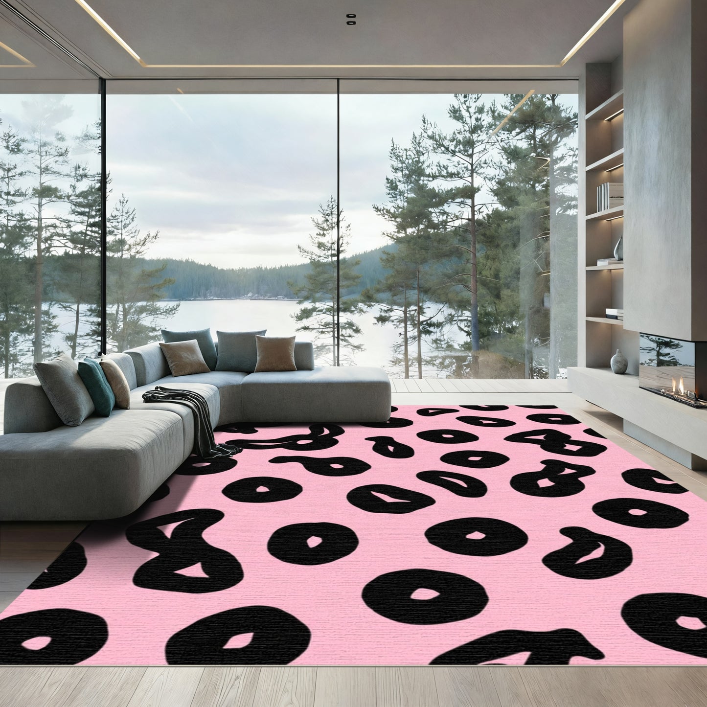 Pink Black Abstract Spots Rug