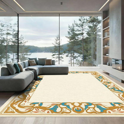Golden Blue Floral Border Art Nouveau Rug