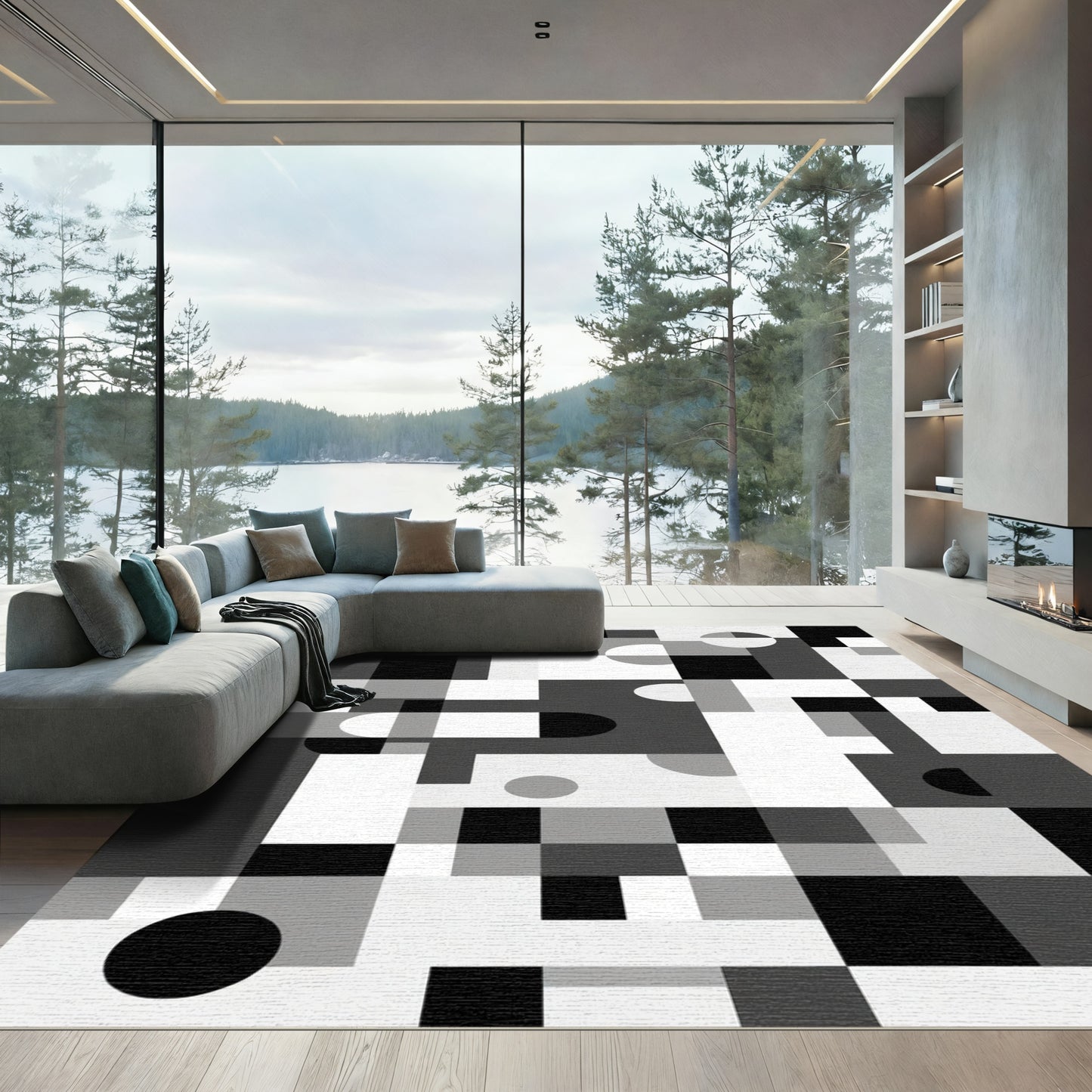 Monochromatic Geometric Shapes Abstract Rug