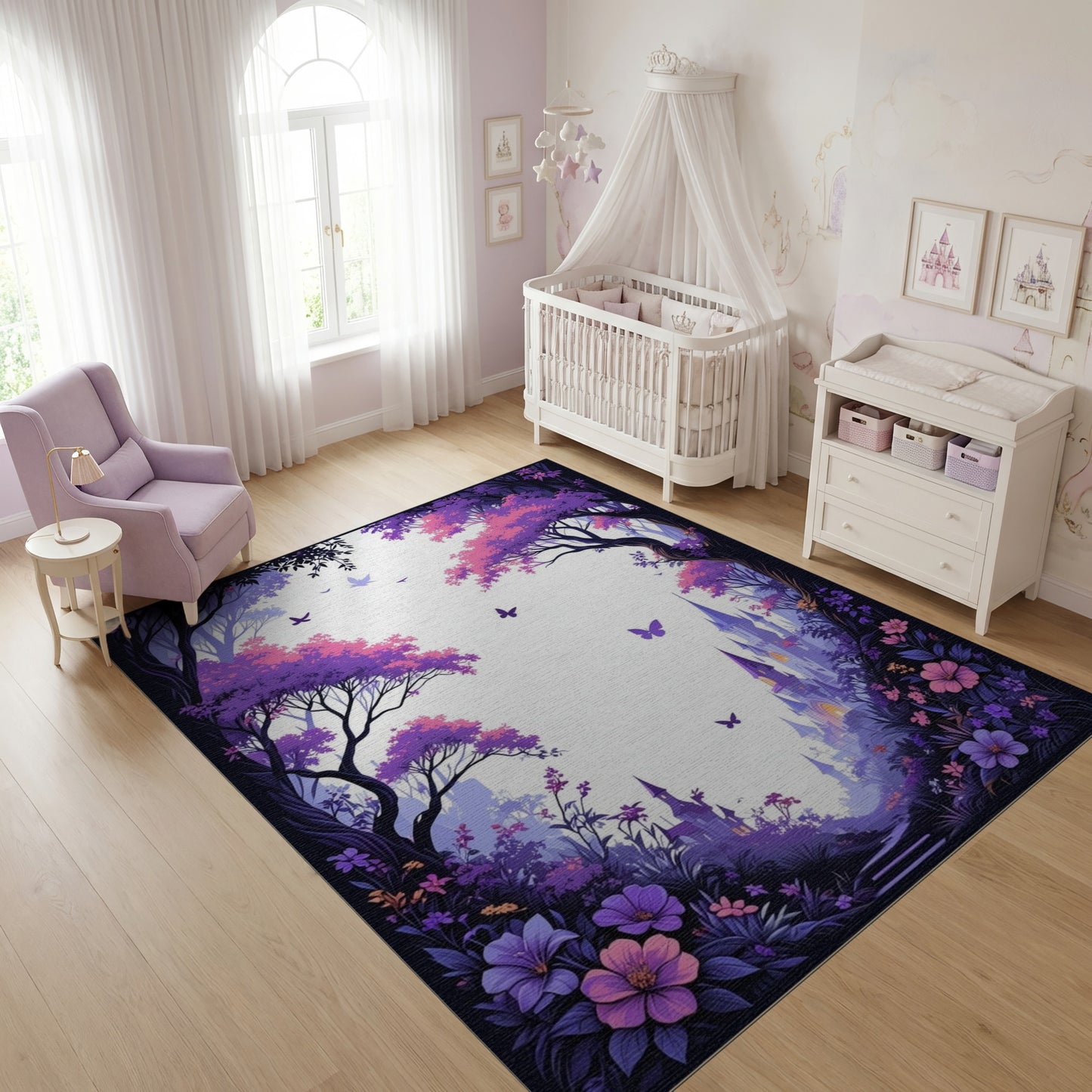 Dreamy Purple Forest Castle Butterflies Rug